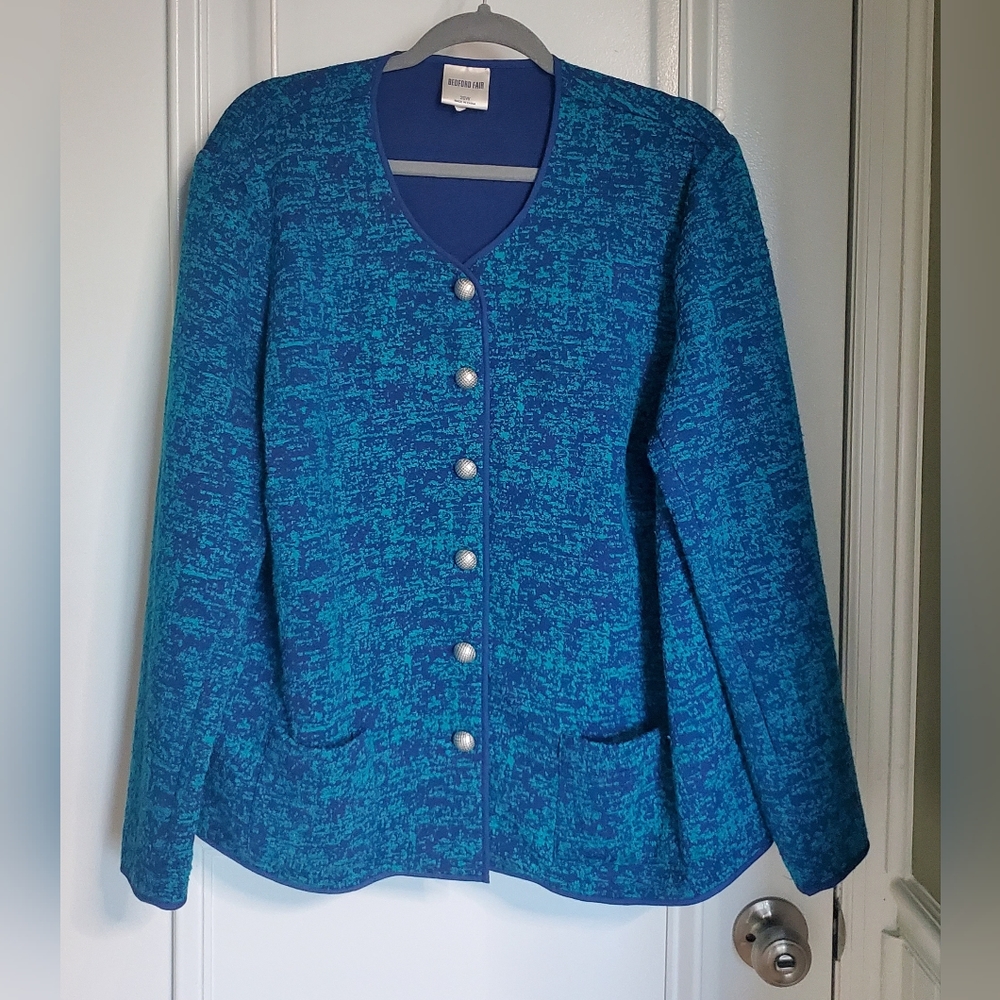 Bedford Fair Navy & Teal Lightweight KNIT Button-up Women's Size 20W - Picture 1 of 12